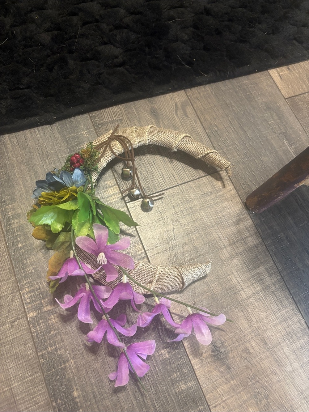 Burlap Crescent Floral Door Hanger with Purple & Green Accents